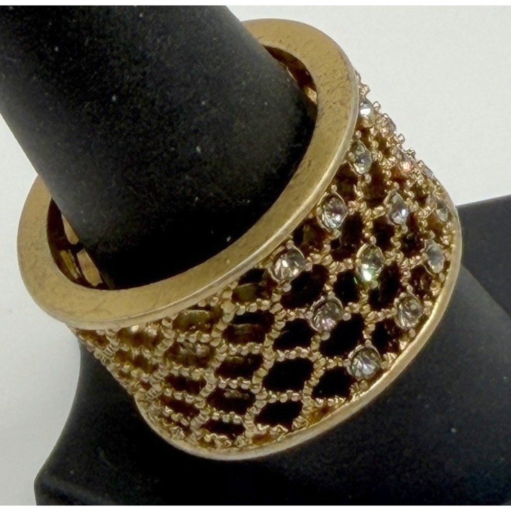 Vintage Gold Tone Wide Lattice Ring Rhinestone Mesh Statement Size‎ 10 Bold